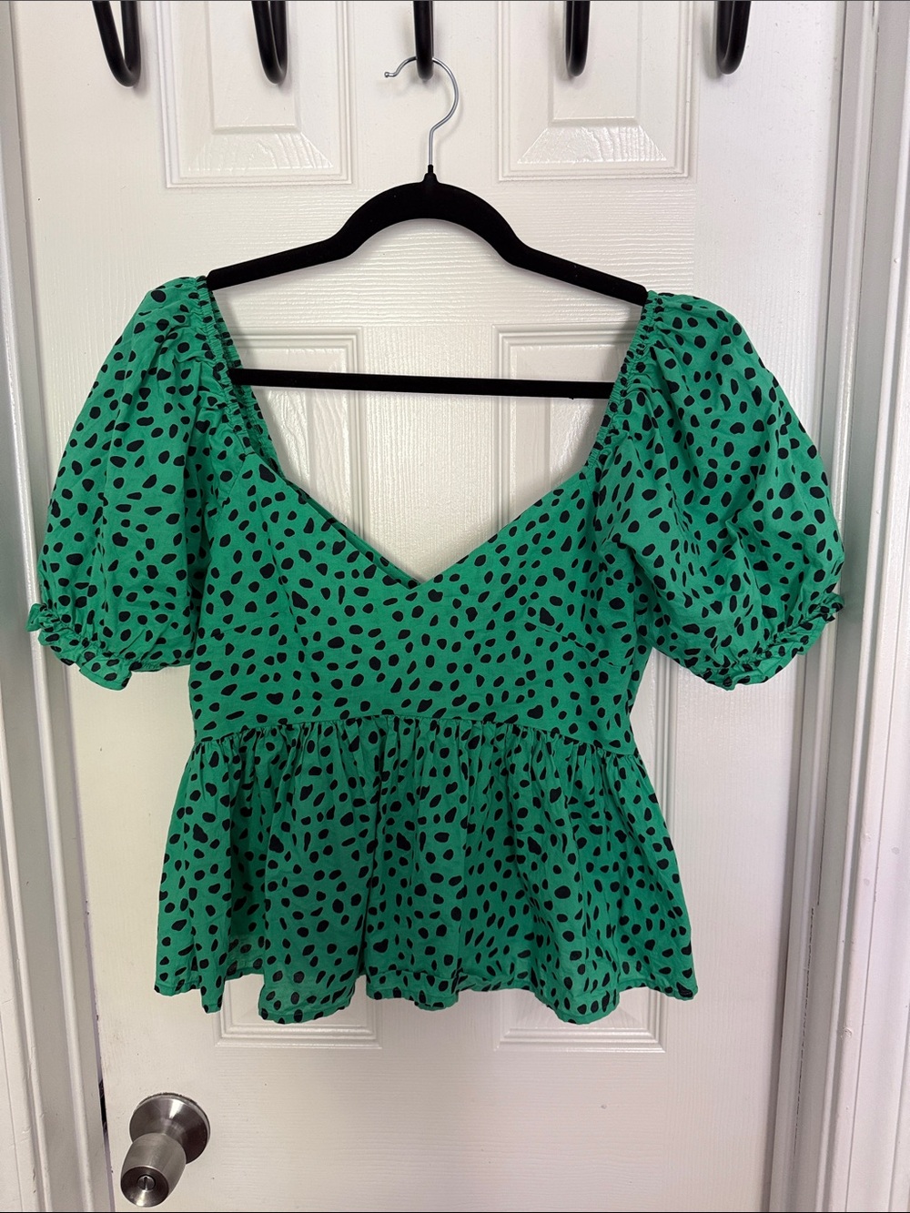 Urban Outfitters Green Puff Sleeve Peplum Top with Black Spot Print